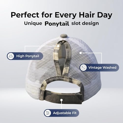 Grey Camo Fabric Women's Ponytail Messy Bun Hat - Unconstructed Distressed Baseball Cap - Variation 0002