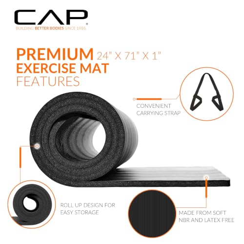 Black Extra Thick 1-Inch Yoga Mat with Strap - Non-Slip Cushioned Exercise Floor Mat