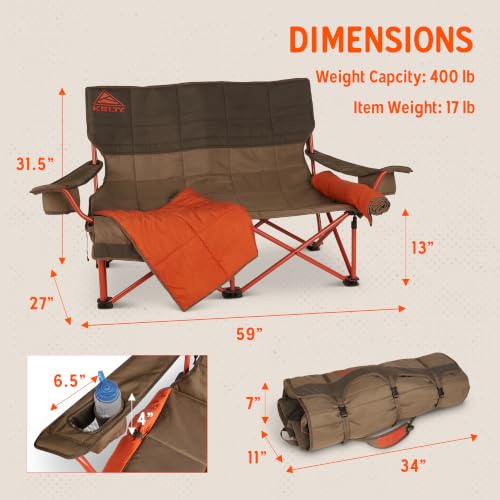Kelty Beluga Low Loveseat Camping Chair with 2 Removable Blankets, Insulated Drink Holders, Foldable Storage