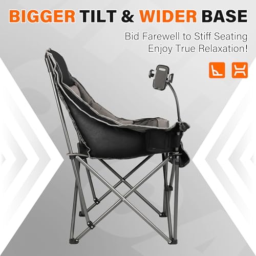 CAMPHILL Oversized Black Camping Chair for Adults, Heavy Duty 400Lbs Folding Lawn Seat with Padded Comfort, Phone & Cup Holders