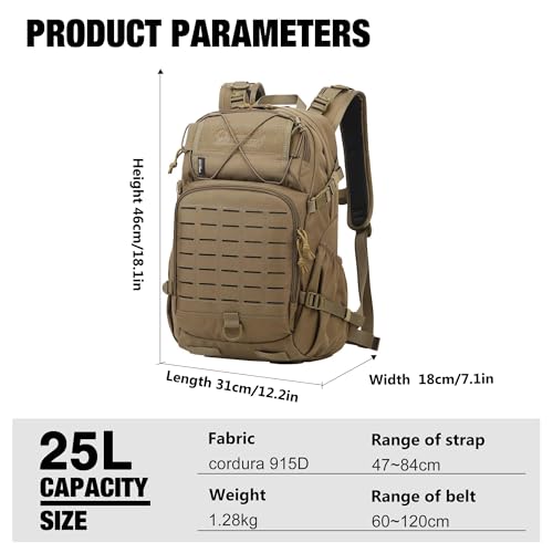 Small Military Tactical Backpack Khaki Cordura 25L with Hydration System & Molle