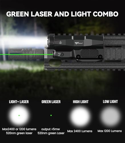 VOTATU M6L-G Picatinny/MLOK Tactical Flashlight Laser Combo Black, 2400 Lumens, Green Laser, Touch Pad