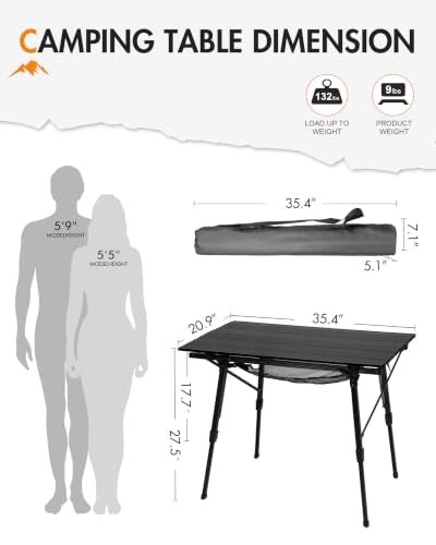 Portal Camping Folding Aluminum Table with Mesh Storage - Black, Large 35.4"L x 20.9"W, Adjustable Height