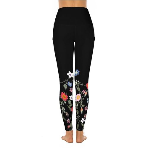 Women's Workout Leggings with Pockets High Waisted Tummy Control No See Through Stretch Activewear Running Yoga Pants, Black Flower M