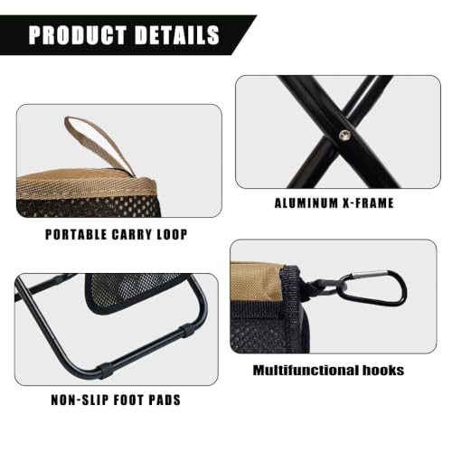 Khaki Portable Folding Camping Stool with Side Pocket - Lightweight, Supports 300 lbs