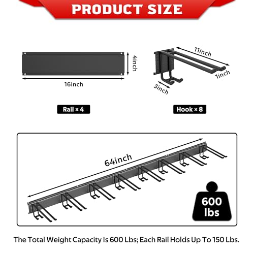 Ultrawall Wall-Mounted Ski Rack with 8 Adjustable Hooks, Holds 16 Pairs of Skis