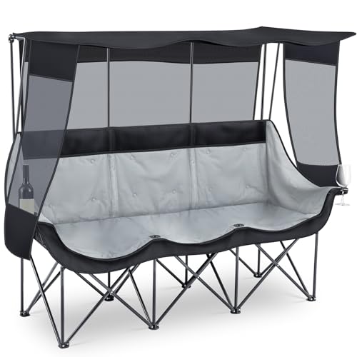 Teenyyou 3-Person Camping Chair with Canopy - Heavy Duty Black, Supports 700lbs