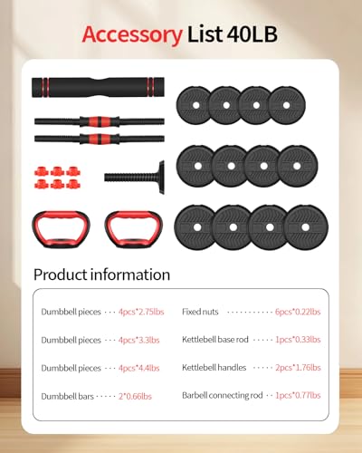 40LBS Adjustable Dumbbell Set with Kettlebell Handle - 4-in-1 Home Gym Equipment, Black