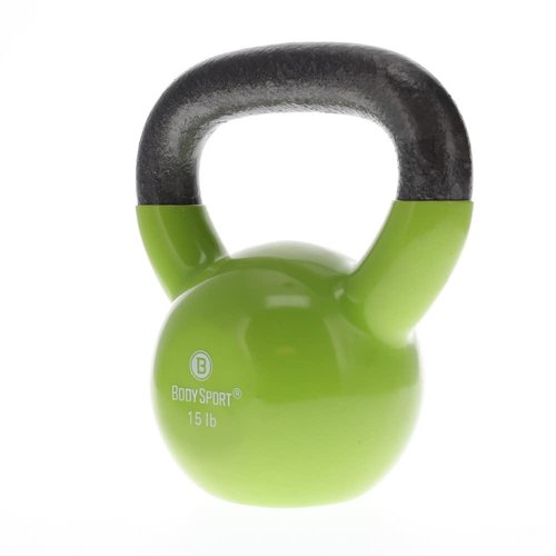 Body Sport Cast Iron Vinyl Coated Kettlebells, 15 lb., Light Green – Kettlebell for Weight Lifting – Strength Training Kettlebell – Professional Fitness for Gym & At Home
