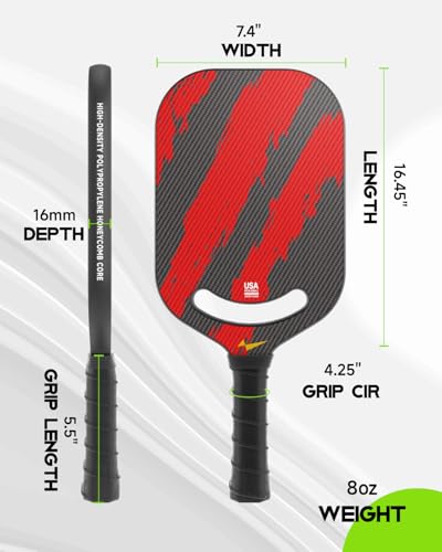 Red Carbon Fiber Pickleball Paddle - Aero Throat, Textured Grit Surface, Hexa Core - Warping Point 16mm
