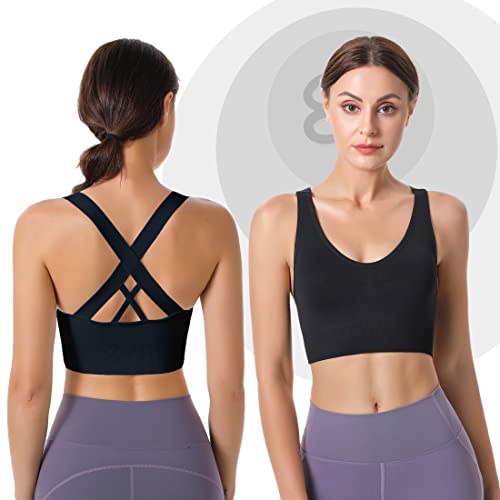 Large Black Support Sports Bras 3 Pack - Padded Seamless Criss Cross