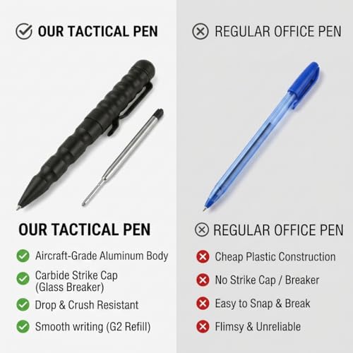 Black Tactical Pen with Glass Breaker and Self Defense Tool - EDC Military Gear
