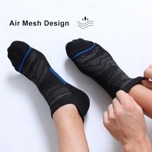 Men's Ankle Running Socks 6 Pack - Low Cut Cushioned Athletic Socks Black+Blue 9-12