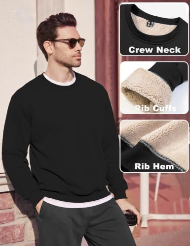 Men's Fleece Lined Sweatshirt - Warm Crewneck Pullover, Large Black
