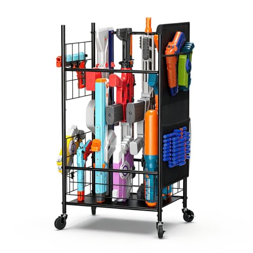 Black Toy Gun Storage Rack for Nerf Blasters - Heavy-Duty Organizer with Wheels, Medium