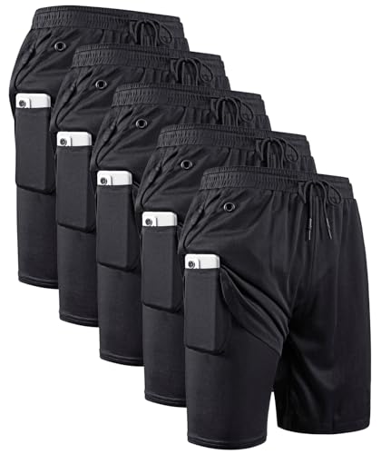 Men's 2-in-1 Workout Running Shorts with Compression Liner - Large, 5 Pack Black