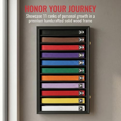 Martial Arts Belt Display Case Wall Rack with Lockable Acrylic Door - 11 Rows, Black Finish
