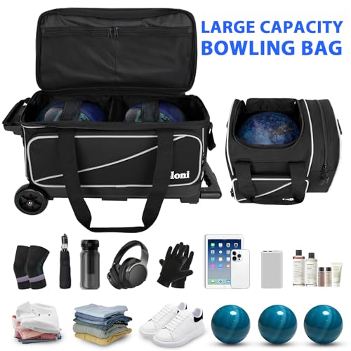 Goloni 3-Ball Bowling Bag with Wheels - Black, Double Roller with Shoe Compartment