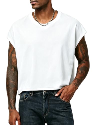 Men's Cropped Sleeveless Shirt - Streetwear Crop Vest Top Large White
