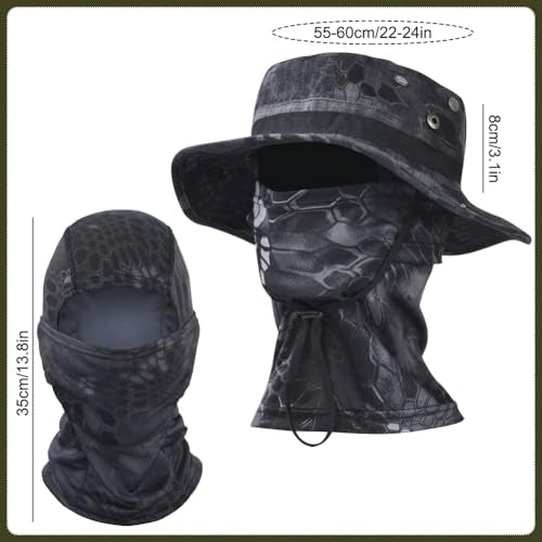 Camo Boonie Sun Hat with Balaclava Face Mask - Outdoor Fishing Hat - Black