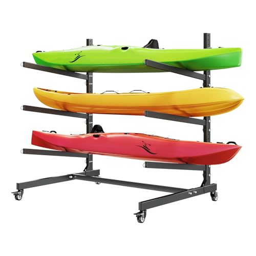 Heavy Duty Kayak Storage Rack for 3 Kayaks - Black, Adjustable & Lockable Wheels