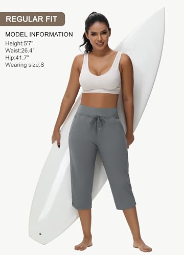 Women's Swim Capris Long Shorts - Quick Dry, UPF 50+ Lightweight, Zipper Pockets - Dark Gray, Large
