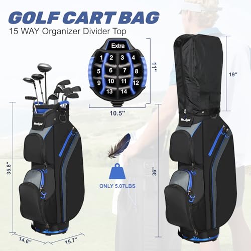 Beutyal 15-Way Lightweight Golf Cart Bag for Men with Cooler, Black Blue