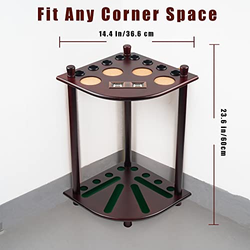 Mahogany Floor Pool Cue Holder Stand for 8 Cues and Accessories