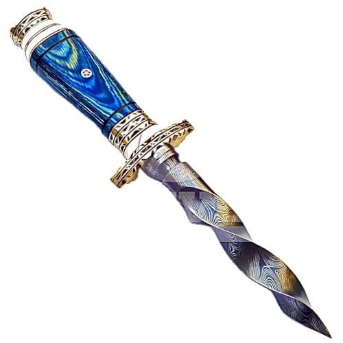 Handmade 10.5-Inch Damascus Steel Collectible Kris Knife with Blue Pakka Wood Handle by NoonKnives