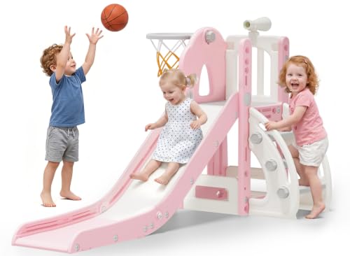 Pink 6 in 1 Toddler Indoor Outdoor Slide for 1-3 Year Olds, Foldable Playset
