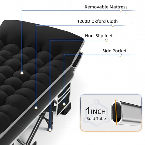 Black 32-Inch Extra Wide Camping Cot with Mattress - Heavy Duty Adult Sleeping Bed