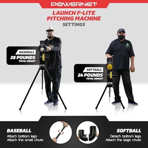PowerNet Launch F-Lite Baseball & Softball Pitching Machine - Includes Practice Balls & Coaching Bucket - Variable Speed Training Equipment with Variation of F-Lite Pitching Machine