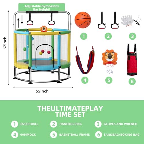 Towigic 55-Inch Multicolor Indoor & Outdoor Kids Trampoline with Adjustable Bar