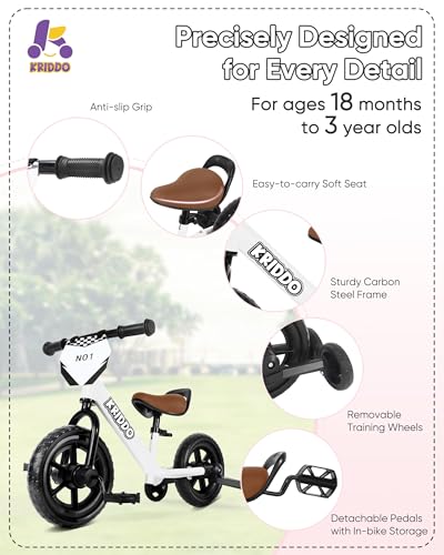 KRIDDO White 2-in-1 Kids Tricycle & Balance Bike for 2 Year Olds