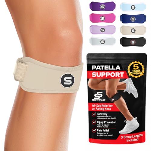 Patellar Tendon Support Strap for Osgood Schlatter Knee Pain - Adults Beige, 3 Adjustable Lengths - Sleeve Stars