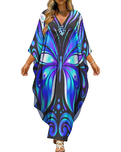 Purple Plus Size Kaftan Dress for Women V-Neck Beach Cover Up Batwing Sleeves