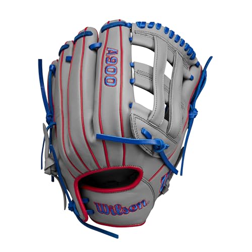 Wilson A900 Youth Baseball Glove 12" Left Hand Throw Grey/Red/Royal, Utility Style
