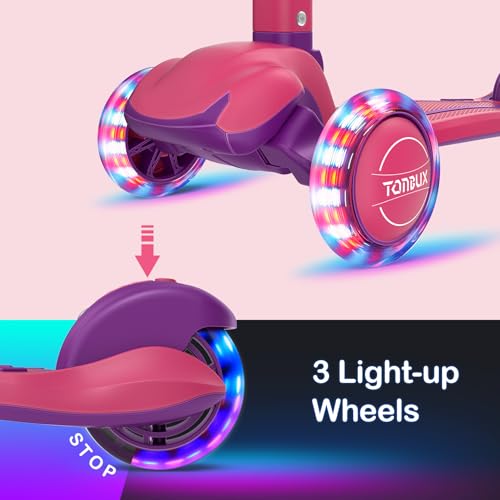 Kids Scooter Light Up 3 Wheel Folding Scooter for Kids 3-12 - Berry Red