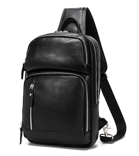 LANNSYNE Black Full Grain Leather Sling Bag for Men - Fits 12.9-inch iPad Crossbody Chest Pack