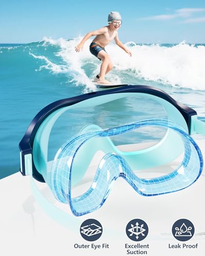 Kids Swim Goggles Anti-Fog UV Wide Vision Waterproof No Leak - Blue Green & Cyan Blue