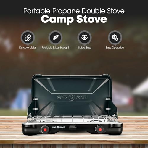 GasOne PS-2500MBA Portable Camping Stove - Double Propane Cooktop with Auto Ignition - Midnight Blue