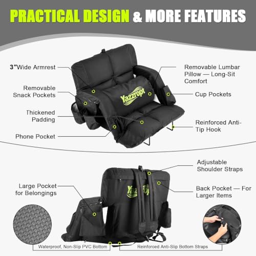 Yazzropt Wide Stadium Seat with Back Support 23in 2 Pack - Padded Bleacher Chairs with Adjustable Backrest, Lumbar Pillow & Cup Holder