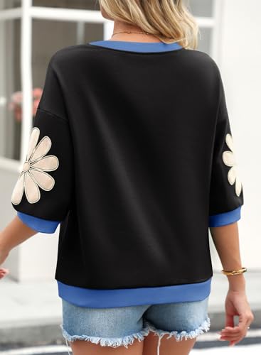 Large Womens Sweatshirt with Floral Patch 3/4 Sleeve Fall Top - Black