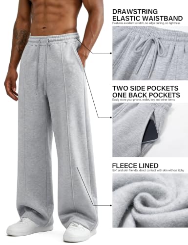 Men's Baggy Fleece Lounge Sweatpants - Wide Leg, Large, Grey