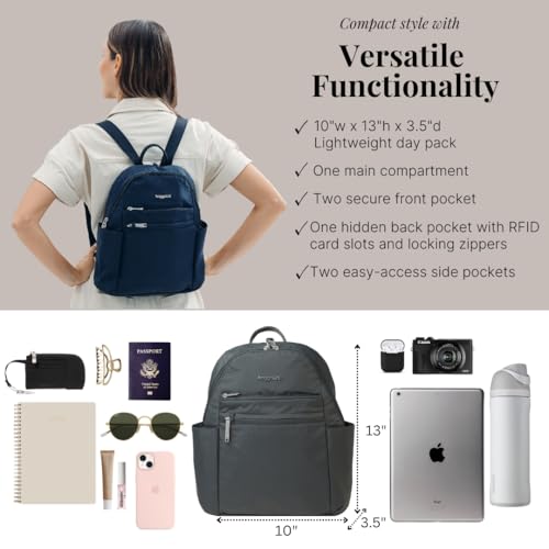 Baggallini Securtex® Anti-Theft Travel Backpack Charcoal, 10x13 Slash-Resistant Nylon RFID