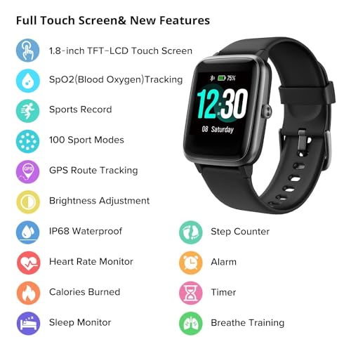 Fitpolo Smart Watch for Men Women Black 1.8” Touchscreen Fitness Tracker