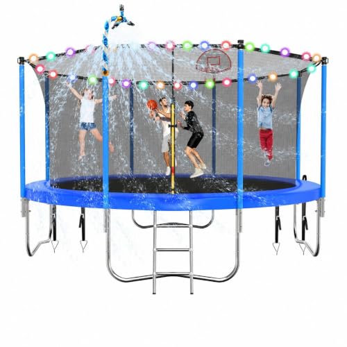 12ft Light Blue Trampoline with Basketball Hoop & Net - Outdoor Kids & Adults