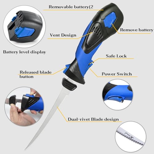 Pratuor Blue Cordless Fillet Knife Kit - 5 Titanium-Coated Blades, Rechargeable, Portable Fish Cleaning Tool