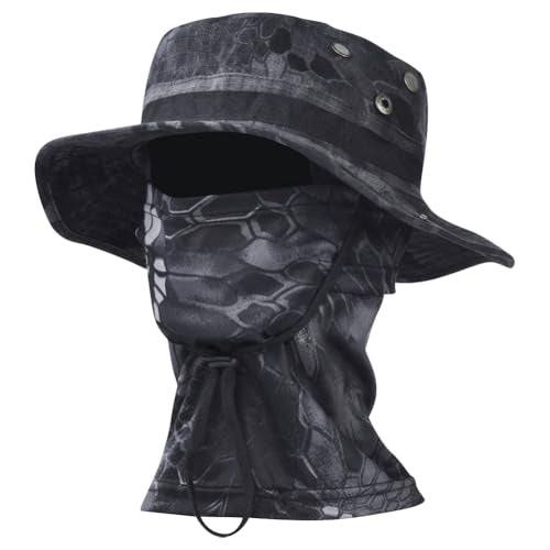 Camo Boonie Sun Hat with Balaclava Face Mask - Outdoor Fishing Hat - Black