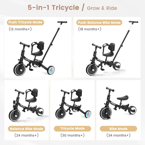 Black 5-in-1 Convertible Toddler Tricycle with Push Handle & Light-Up Wheels